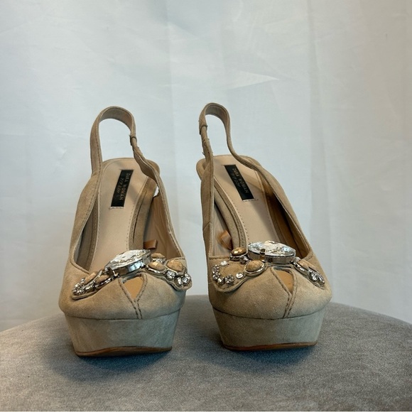 Zara beige tan brown suede gem jewelled embellished peep toe platform high heels - Picture 5 of 9